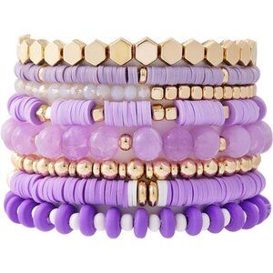 Surfer Heishi Clay Bead Bracelets for Women Bohemian Stackable Gold Light Purple
